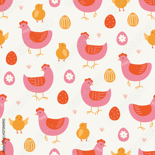 Easter seamless pattern with hens, eggs and chicken on white background. Perfect for wallpaper, gift paper, spring greeting cards. Vector hand drawn illustration