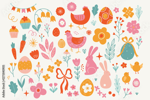 Easter set - hen, rabbit, eggs, flowers, garland, bow, chicken, berries, leaves, cupcakes, stars on white background. Perfect for spring greeting cards, decorations. Vector hand drawn illustration