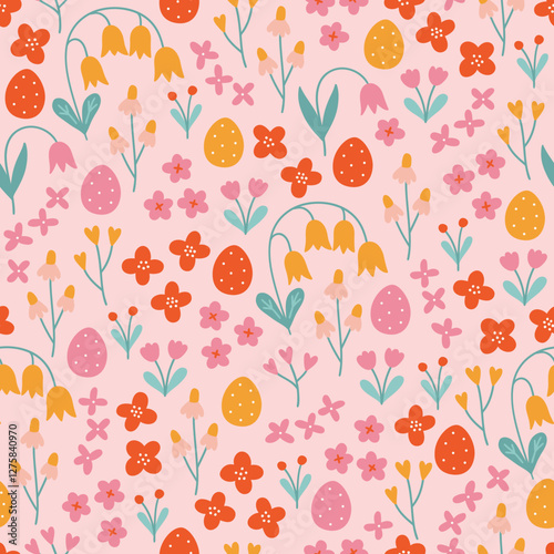 Easter seamless pattern with eggs, flowers and leaves on pink background. Perfect for wallpaper, gift paper, spring greeting cards. Vector hand drawn illustration