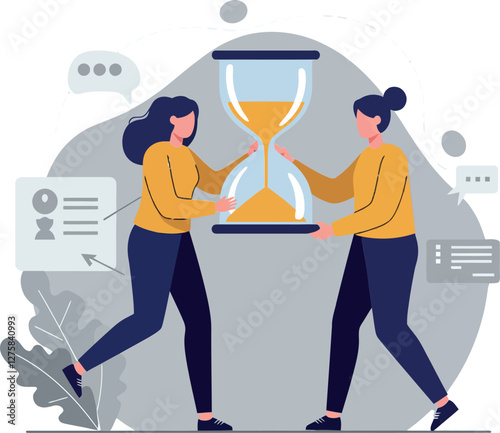 Two women collaborating on a project while sharing an hourglass in a flat vector illustration