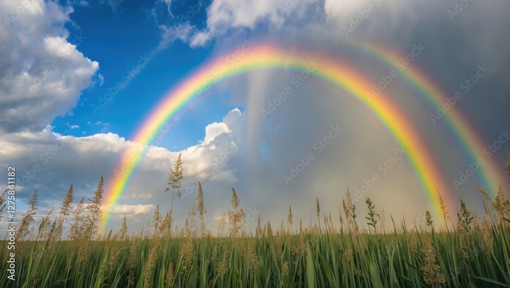 Naklejka premium Vibrant Rainbow Arcing Over Tall Grass Field Under Partly Cloudy Sky With Sunlight Filtering Through Clouds Creating A Serene Landscape