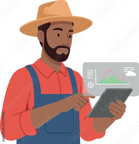 A farmer analyzing agricultural data on a tablet while wearing a straw hat in a flat vector illustration