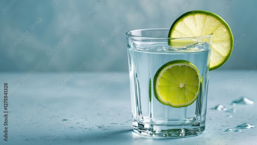 Refreshing glass of water with lime slices on a clean surface featuring empty space for text or branding purposes.