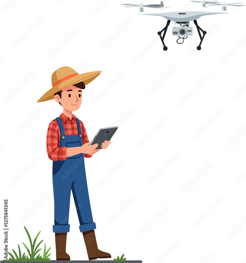 Farmer operating a drone in a green field with a tablet, flat vector illustration Farmer operating a drone in a green field with a tablet, flat vector illustration