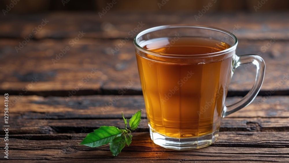 Refreshing Glass of Cold Tea on Rustic Wooden Table with Herbal Leaves and Empty Space for Text or Branding Refreshing Glass of Cold Tea on Rustic Wooden Table with Herbal Leaves and Empty Space for Text or Branding