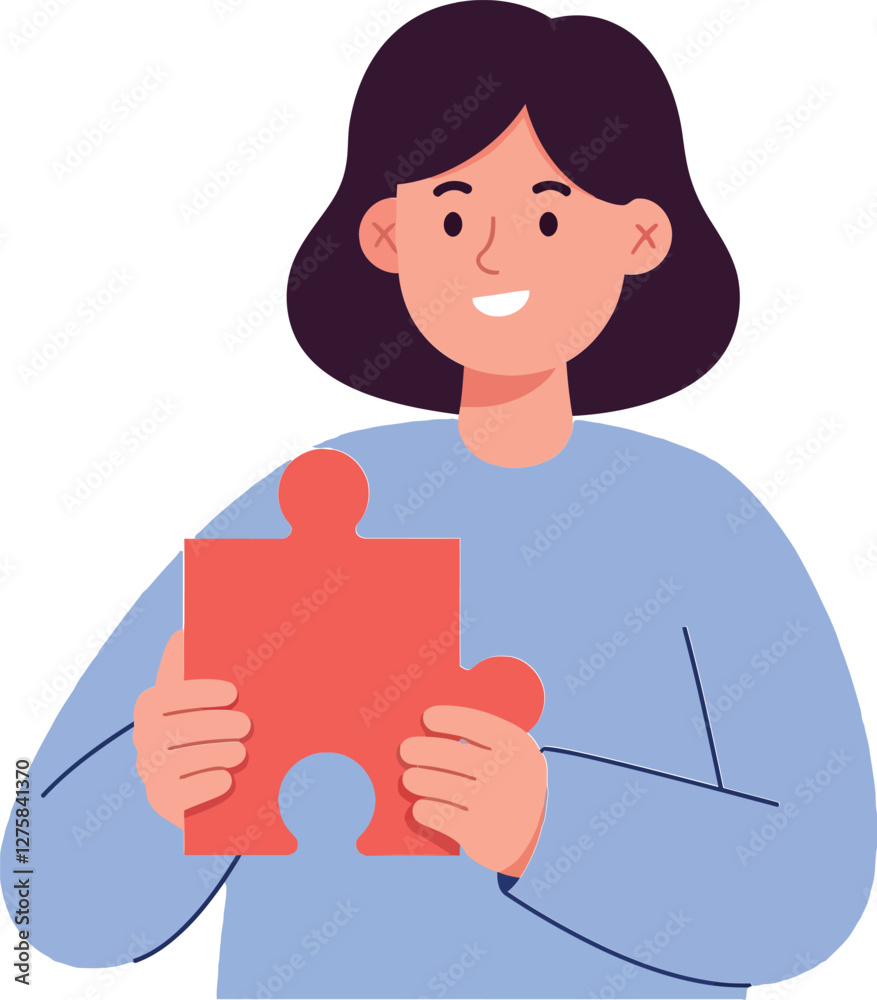 Smiling woman holding a red puzzle piece in a flat, cheerful design vector illustration Smiling woman holding a red puzzle piece in a flat, cheerful design vector illustration