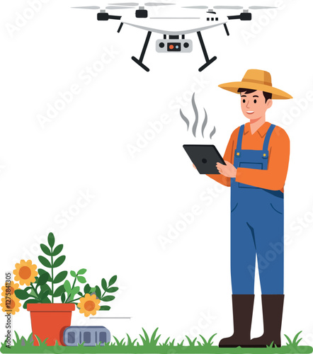 Farmer using tablet with drone above while tending to flowers in a garden, flat vector illustration