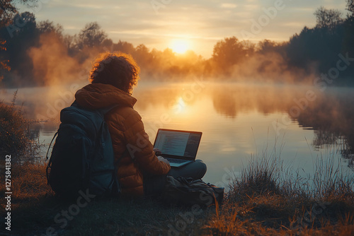 Title: A person coding on a laptop at a serene lakeside with sunrise, mist rising over water, and a tranquil natural atmosphere, creating a peaceful work environment