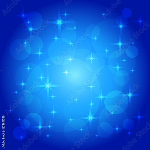 Dark blue background with bokeh, sparkles and stars. Bright blue, white gradient. Cosmic pattern. Abstract vector design for postcard, presentation, invitation, greeting card, leaflet. Ai format