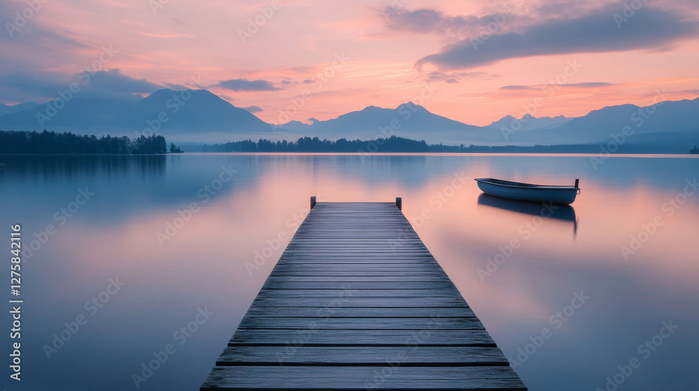 Fototapeta premium Boat is sitting on a dock in front of a lake