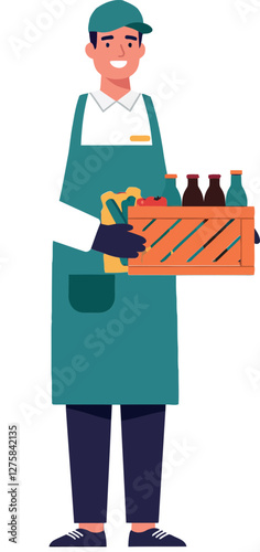 A cheerful shopkeeper in an apron holding a wooden crate of beverages, flat vector illustration