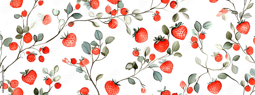 custom made wallpaper toronto digitalStrawberry pattern, white background, watercolor style