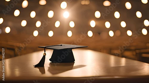 Ah siny graduation cap with a golden tassel sits proudly on a polished wooden stage, bathed in warm spotlight
