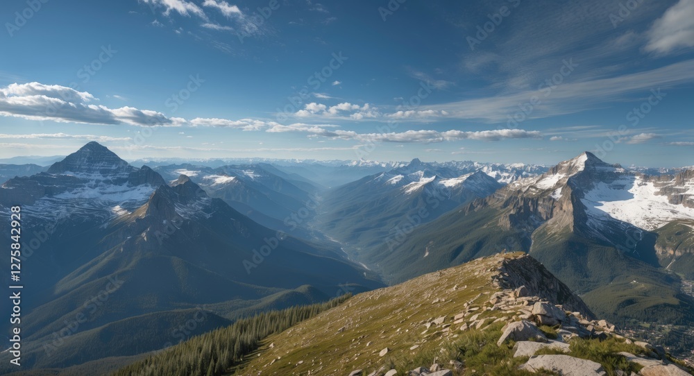 Obraz premium Expansive Mountain Landscape with Lush Green Slopes and Majestic Snow-Capped Peaks Under a Clear Blue Sky