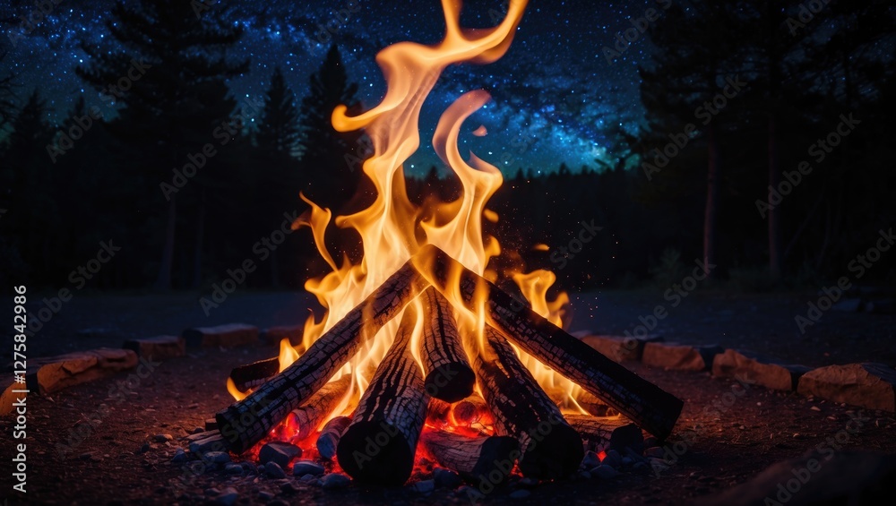 Cozy Campfire Illuminating A Night Sky with Stars Surrounded by Trees in a Serene Outdoor Setting Cozy Campfire Illuminating A Night Sky with Stars Surrounded by Trees in a Serene Outdoor Setting