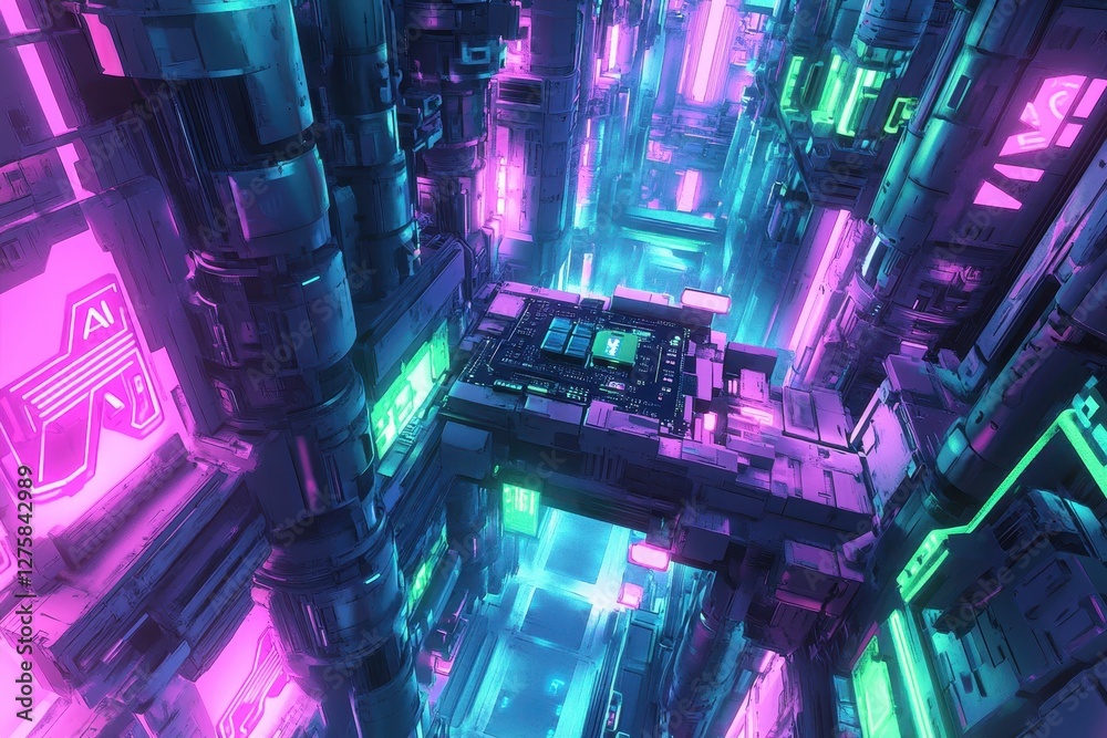Futuristic Neon Cityscape with Vibrant Colors and High-Tech Elements