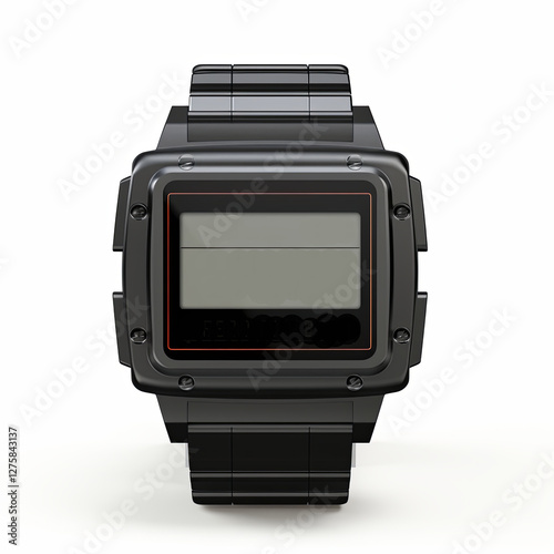 Black futuristic digital watch with glowing orange, blue and purple neon lights. Isolated on white background. Retro style 80s, 90s. Concept of modern, creative and fashionable wristwatches. photo