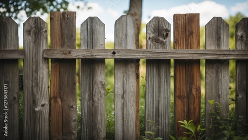 Wooden Stockade Fence with Weathered Texture and Greenery in Background