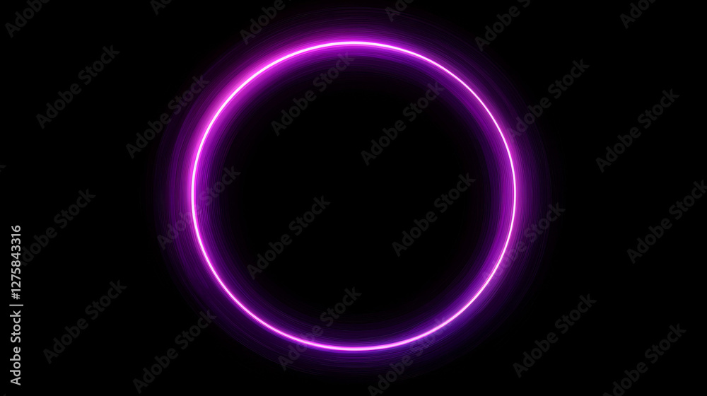 Obraz premium Neon planet ring with light glow energy effect. Magic cosmos round line flare with purple speed trail path shine element. Luminous motion circular disk shape abstract vector technology wallpaper.