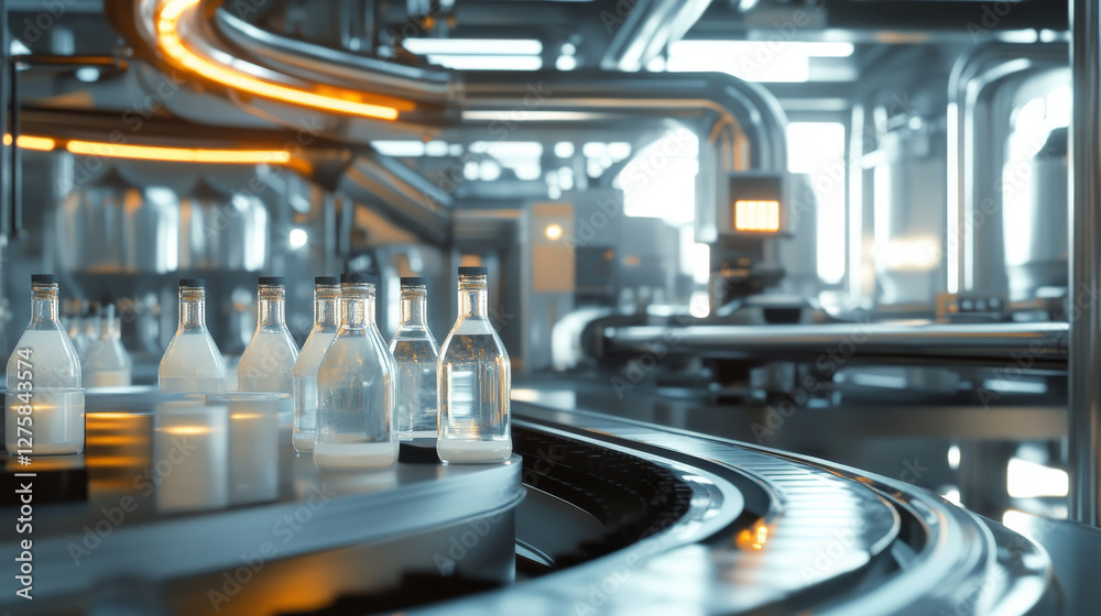 Fototapeta premium Milk factory interior, glass bottles on conveyor belt, cartoon vector illustration. Plant room with moving production line and glass packaging for dairy products on it, milk manufacture background