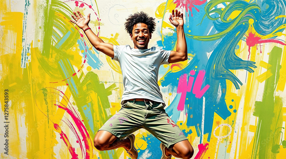 Fototapeta premium Young Energetic Man Jumping Against an Abstract Multicolored Background