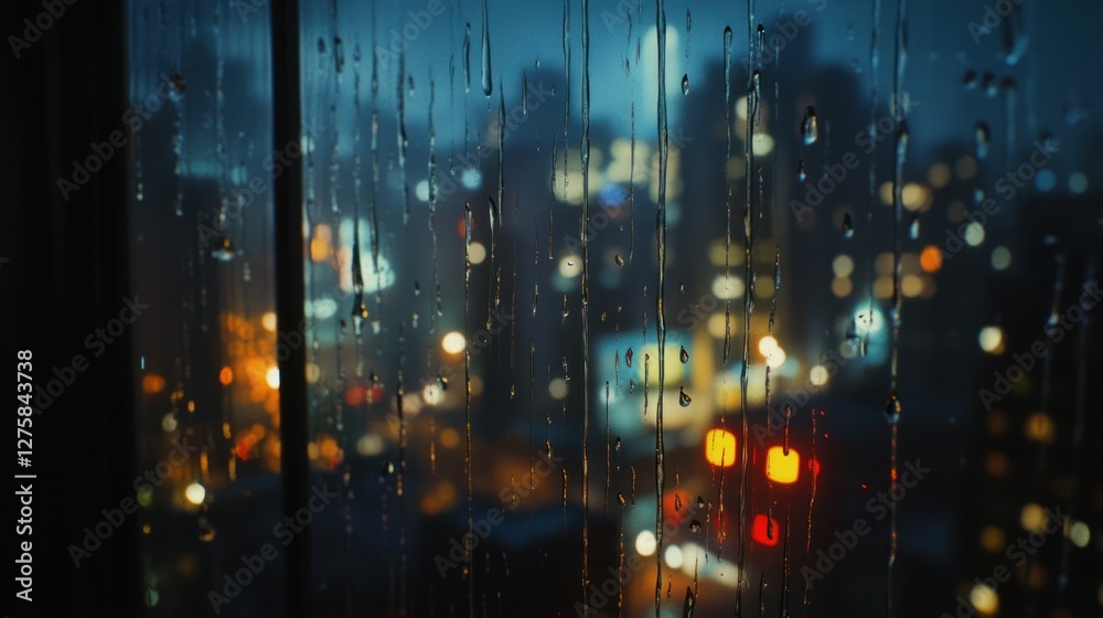 Rainy night city view from window, blurred lights, bokeh effect, mood background Rainy night city view from window, blurred lights, bokeh effect, mood background