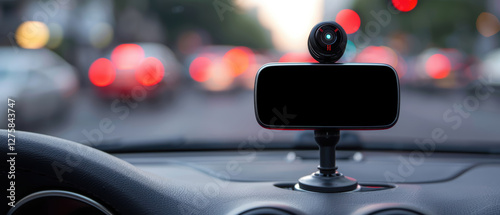 Dashboard view with a camera mounted, capturing urban traffic scene.