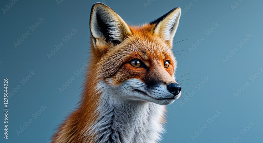 Fox on plain blue background side view portrait Fox on plain blue background side view portrait