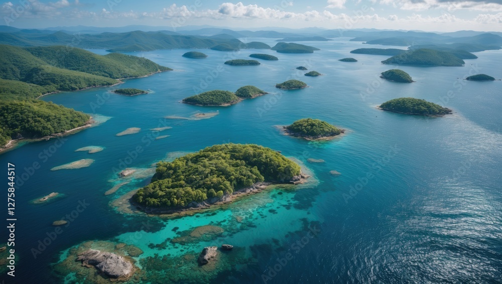 Fototapeta premium Aerial View of Lush Green Islands Surrounded by Turquoise Waters Under a Clear Blue Sky.