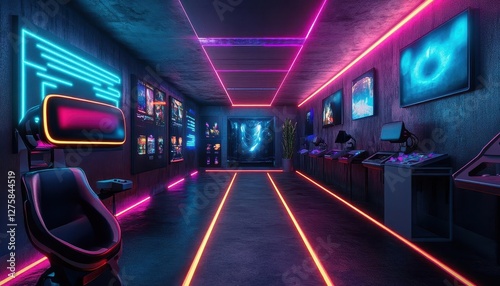 Wallpaper Mural Virtual reality headset gaming with glowing holographic game controls, sleek tech room, vibrant neon lighting, photorealistic Torontodigital.ca