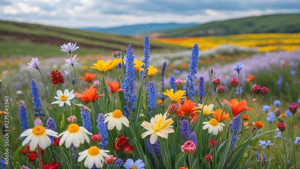 Obraz premium Colorful Wildflower Meadow in Scenic Countryside Under Cloudy Sky with Vibrant Blossoms and Rolling Green Hills in Background