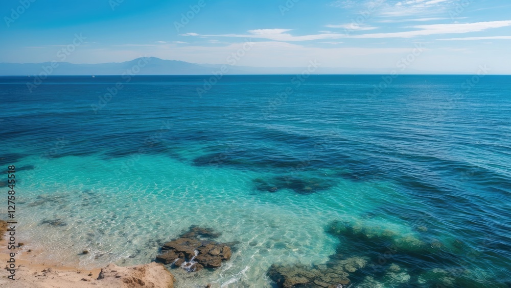 Scenic Coastal Landscape with Clear Blue Water and Rocky Shoreline Under Bright Blue Sky Scenic Coastal Landscape with Clear Blue Water and Rocky Shoreline Under Bright Blue Sky
