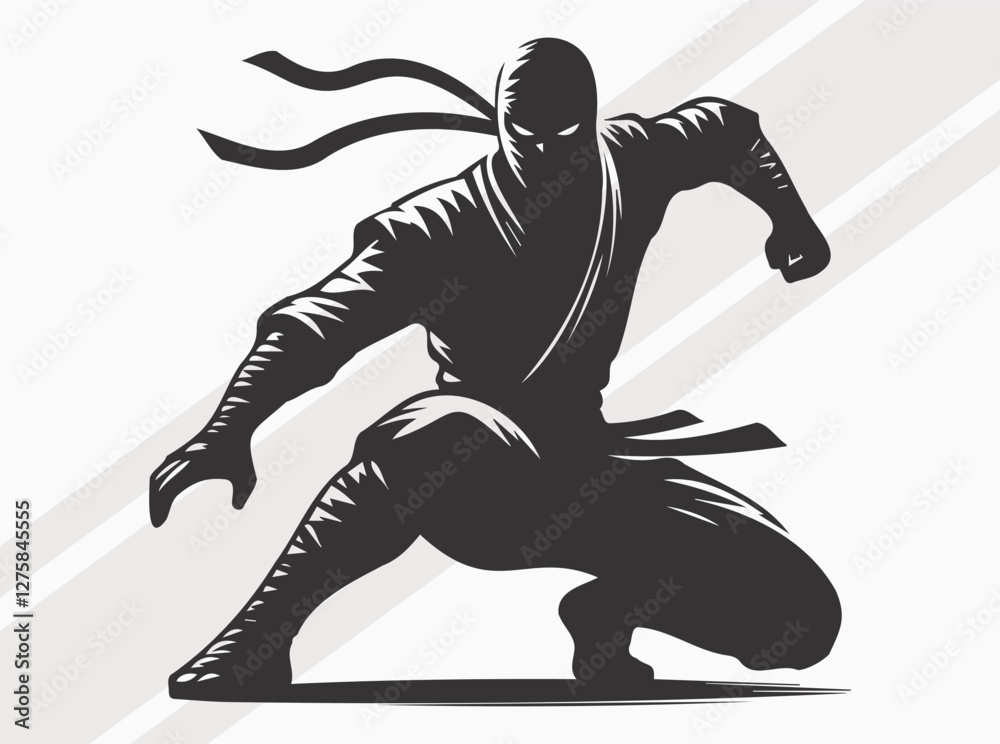 Fototapeta premium Ninja Silhouette Black Color. Stealthy Japanese Warrior Clipart and Vector Art
