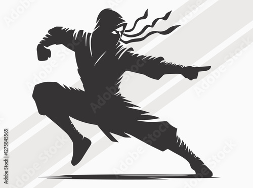 Ninja Silhouette Black Color. Stealthy Japanese Warrior Clipart and Vector Art