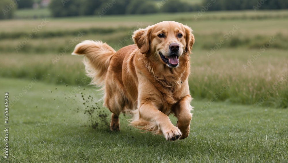 Golden Retriever Dog Joyfully Running in Open Green Field Captured with Space for Text or Branding Golden Retriever Dog Joyfully Running in Open Green Field Captured with Space for Text or Branding