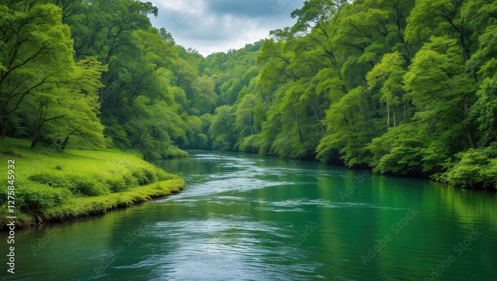 Serene River Flowing Through Lush Green Forest Surrounded By Tranquil Nature Perfect For Outdoor And Peaceful Wellness Themes Serene River Flowing Through Lush Green Forest Surrounded By Tranquil Nature Perfect For Outdoor And Peaceful Wellness Themes