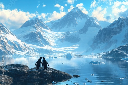 Antarctic penguins kissing, mountain backdrop, icy water, romance