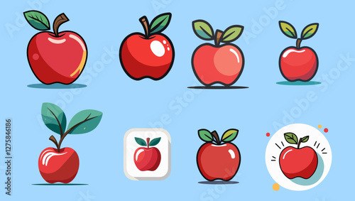 Sets icon collection of cartoon style red apples with green leaves, each with unique designs, on a light blue background, creating a vibrant and playful visual