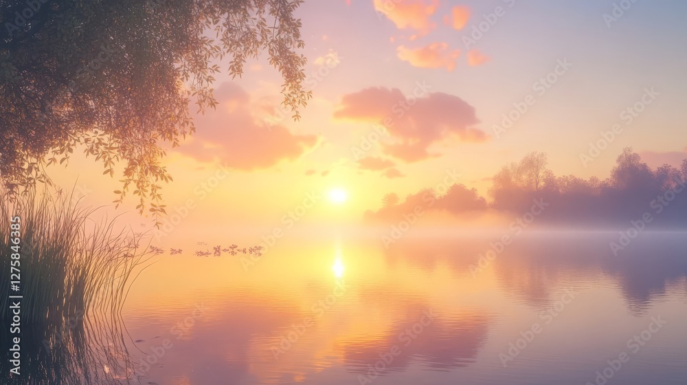 A tranquil lake at sunrise, with fog hovering over the surface, reflecting the warm glow of the rising sun. A tranquil lake at sunrise, with fog hovering over the surface, reflecting the warm glow of the rising sun.