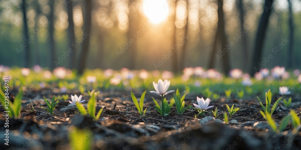 Close Up Spring Landscape with Wildflowers and Sunlight Filtering Through Trees in a Natural Park Setting Ideal for Nature and Ecology Themes Close Up Spring Landscape with Wildflowers and Sunlight Filtering Through Trees in a Natural Park Setting Ideal for Nature and Ecology Themes