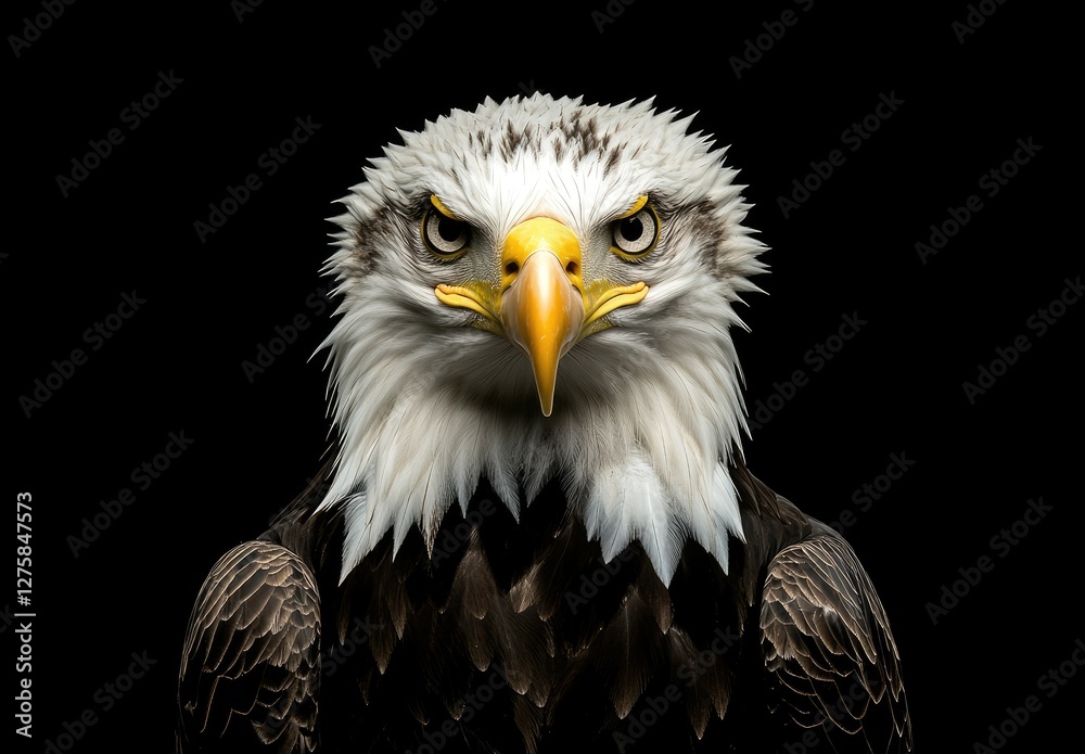Bald eagle portrait, intense stare, black background, wildlife photography Bald eagle portrait, intense stare, black background, wildlife photography