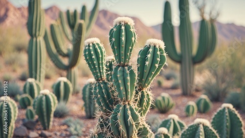 Desert Landscape Featuring Vibrant Cacti with Soft Focus Background Ideal for Nature Themes and Text Overlay photo