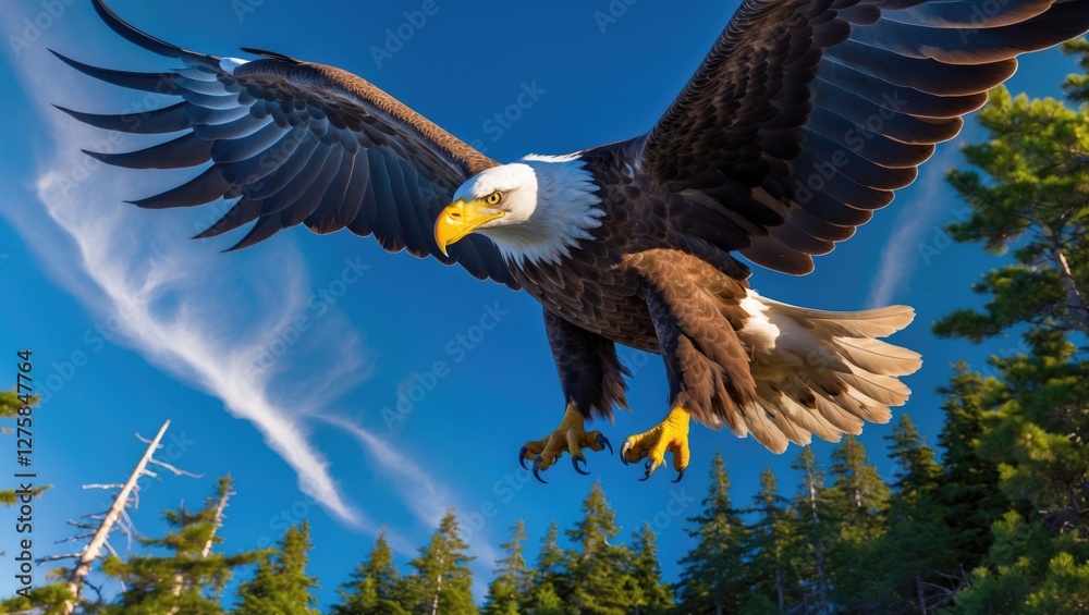 Obraz premium Majestic Bald Eagle Gliding Through Clear Blue Sky Over Lush Green Forest During Daytime Adventure in Nature