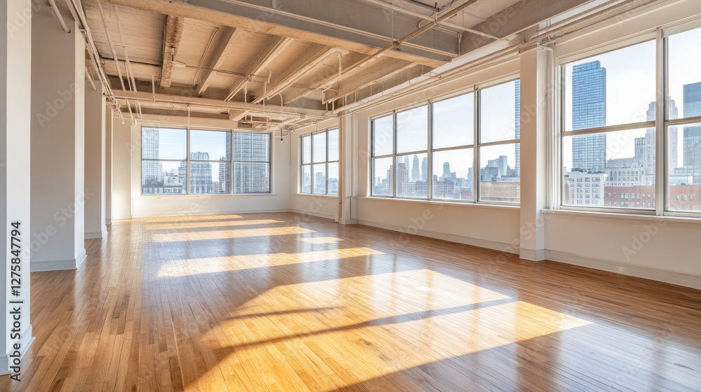 Naklejka premium Empty office with large panoramic windows and urban view seen through glass. Modern open space premises, studio apartment, corridor or hall. Real estate rental in big city. Cartoon vector illustration