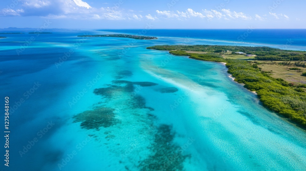 Obraz premium Aerial view of a tropical lagoon, with shallow turquoise waters transitioning into deep blue ocean.