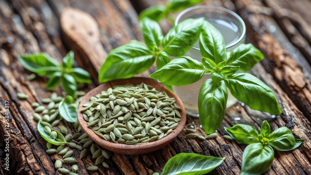 Basil Water with Fresh Basil Leaves and Seeds on Rustic Wooden Background Healthy Vegan Superfood Drink Natural Ingredients Flat Lay Basil Water with Fresh Basil Leaves and Seeds on Rustic Wooden Background Healthy Vegan Superfood Drink Natural Ingredients Flat Lay