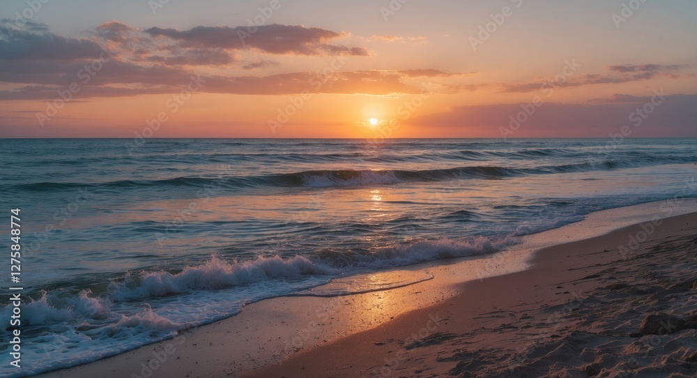 Fototapeta premium Tranquil beach at sunset with gentle waves reflecting golden hues of the sky creating a serene coastal landscape during twilight.