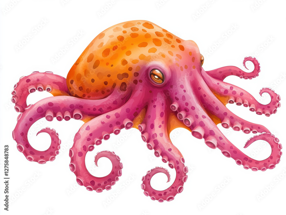 Obraz premium Vibrant octopus illustration with orange and pink hues, showcasing curled tentacles