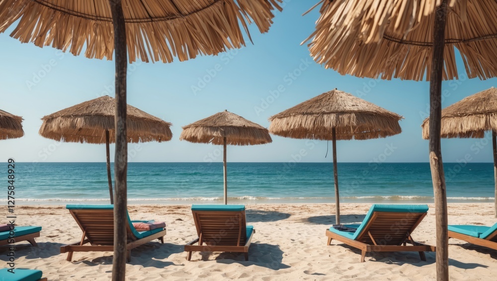 Coastal Beach Scene Featuring Straw Umbrellas and Sunbeds Ideal for Vacation and Relaxation Themes