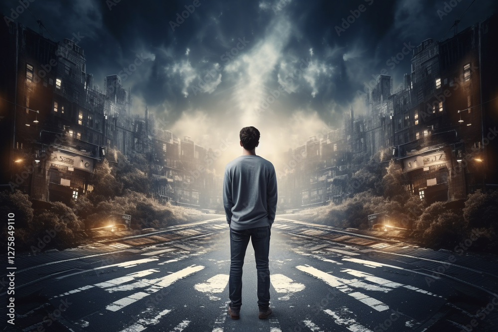 Young Man Standing at Crossroads – Concept of Choices Young Man Standing at Crossroads – Concept of Choices